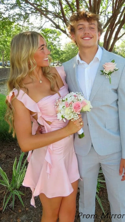Cute Light Pink Chiffon Homecoming Dress With Ruffles