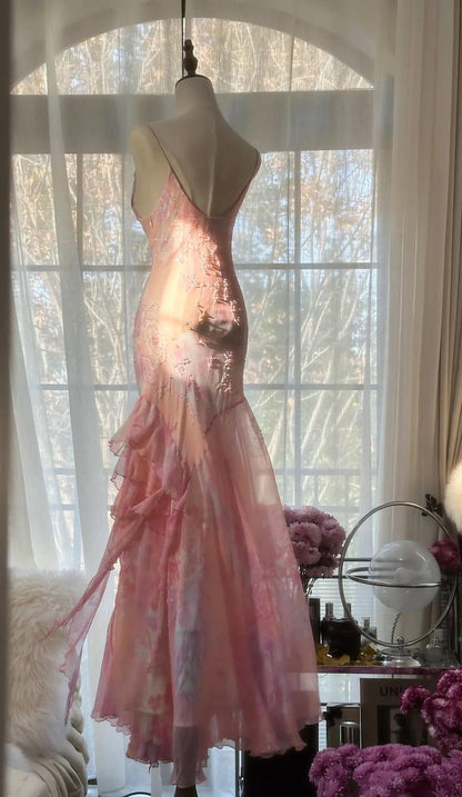 Fairytale Pink Mermaid Spaghetti Strap Beaded Ruffle Chiffon Prom Dress