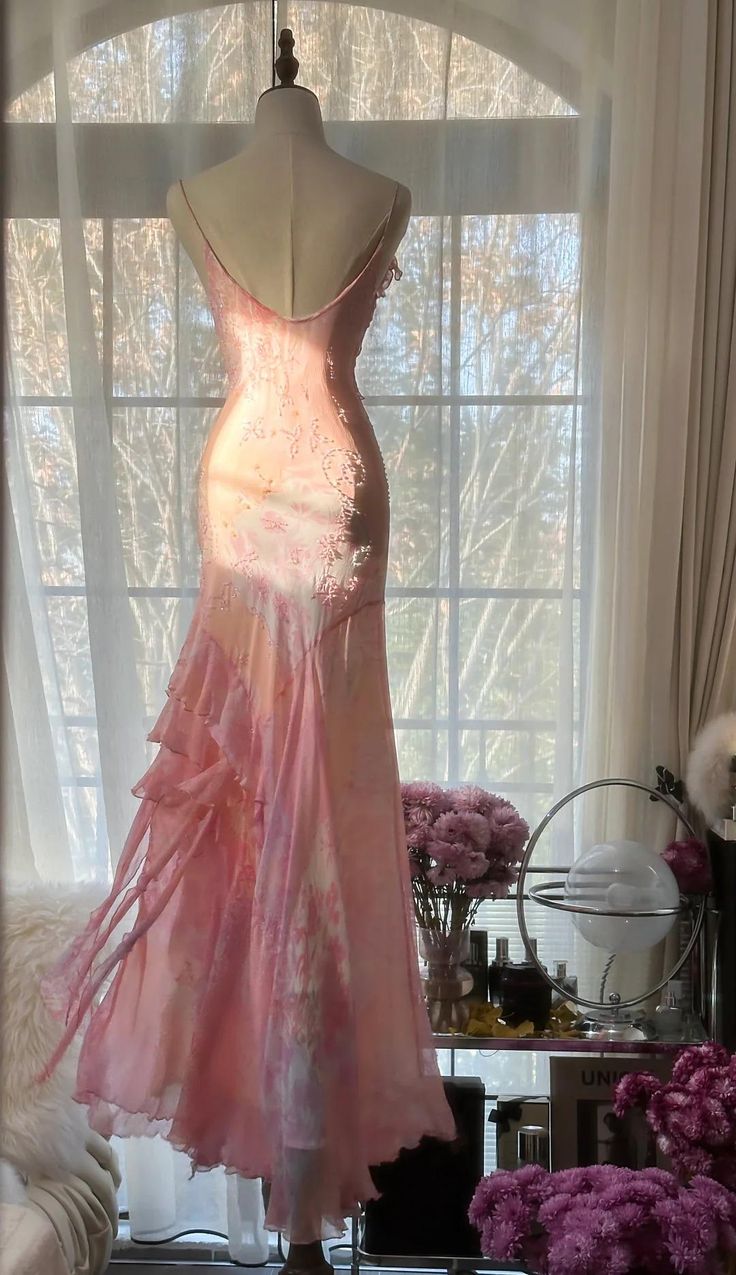 Fairytale Pink Mermaid Spaghetti Strap Beaded Ruffle Chiffon Prom Dress