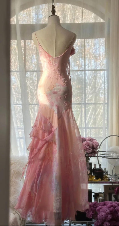 Fairytale Pink Mermaid Spaghetti Strap Beaded Ruffle Chiffon Prom Dress