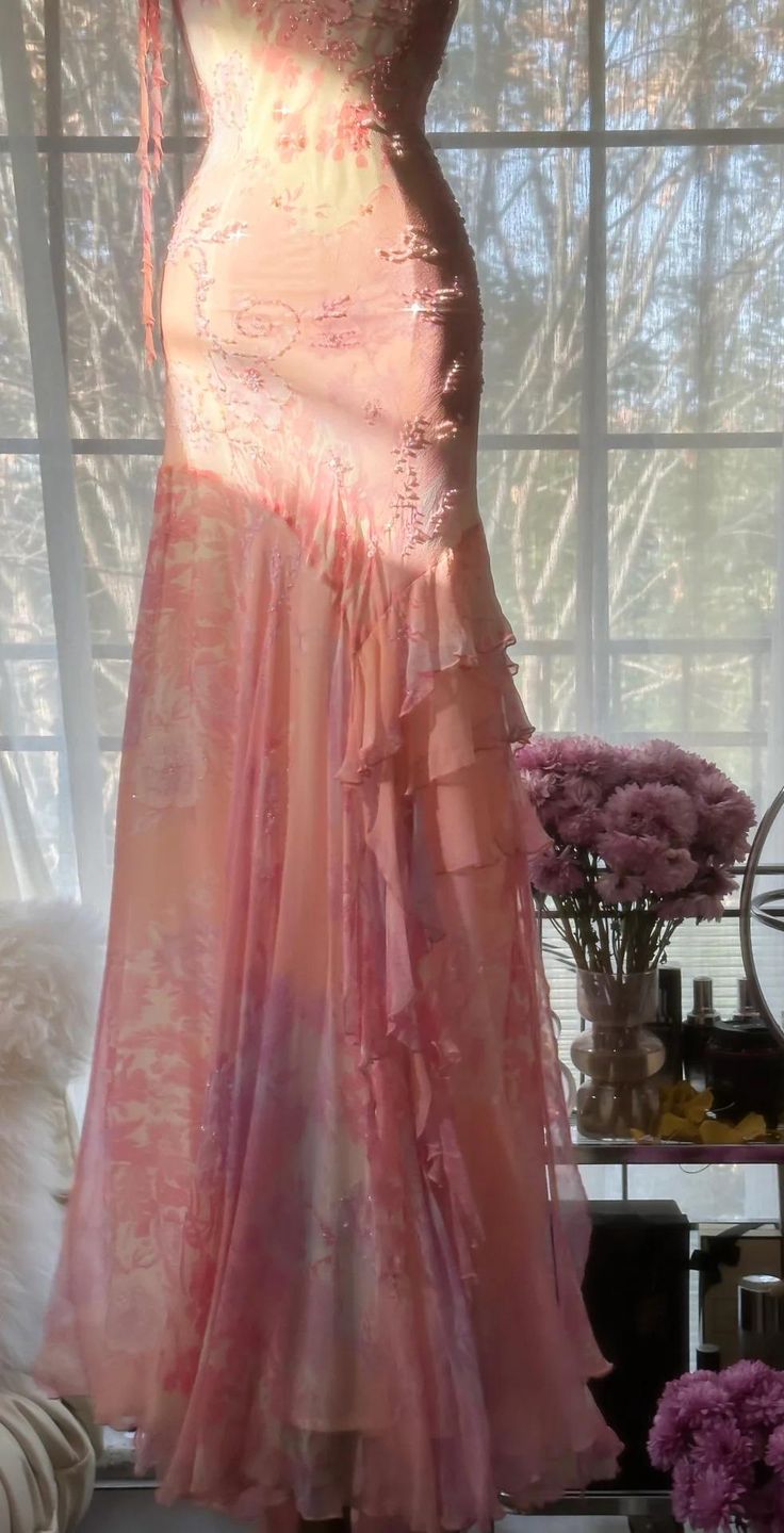 Fairytale Pink Mermaid Spaghetti Strap Beaded Ruffle Chiffon Prom Dress