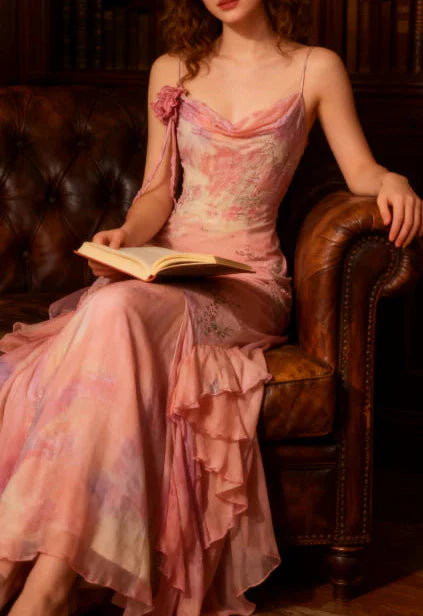 Fairytale Pink Mermaid Spaghetti Strap Beaded Ruffle Chiffon Prom Dress