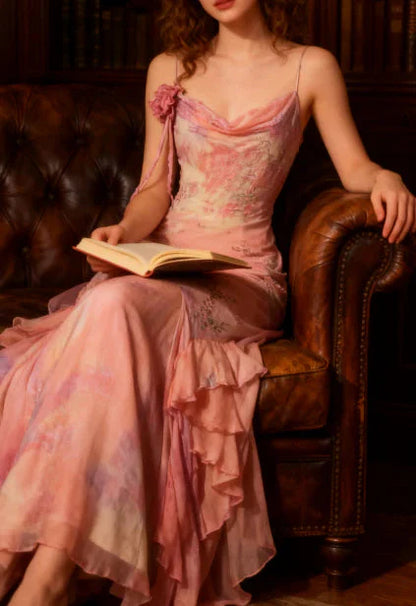 Fairytale Pink Mermaid Spaghetti Strap Beaded Ruffle Chiffon Prom Dress