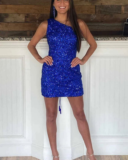 Royal Blue One Shoulder Sequin Homecoming Dress Bodycon Cocktail Party Gown