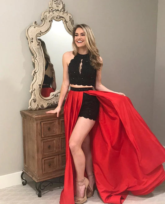 Two Pieces Black Red Long Prom Dress