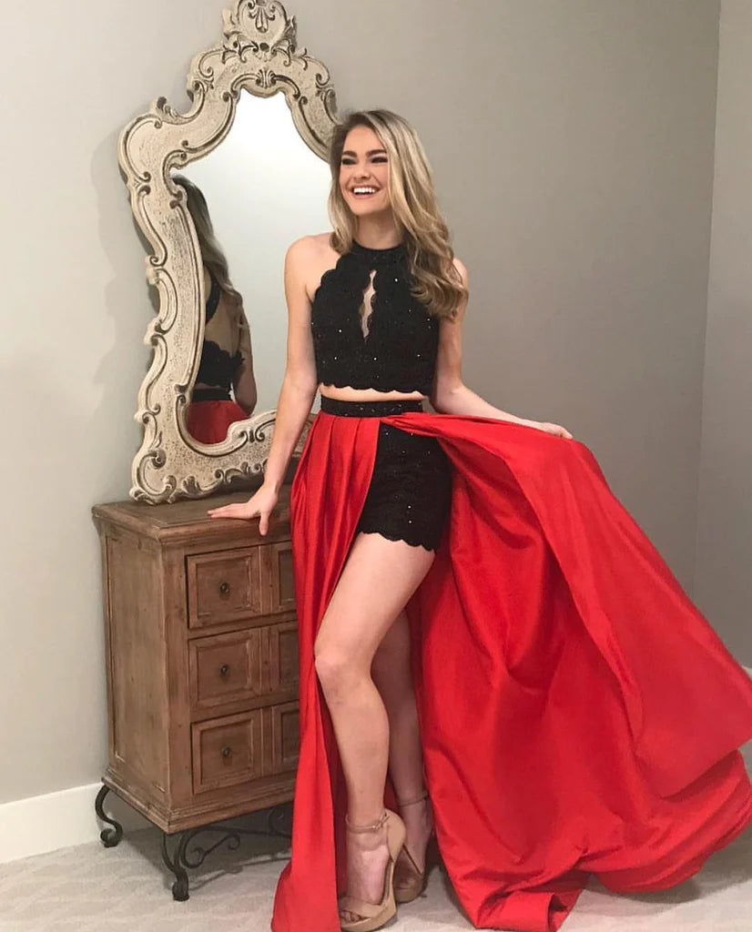 Two Pieces Black Red Long Prom Dress