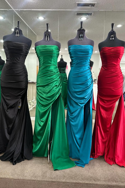 Ruched Teal Blue Satin Mermaid Prom Dress