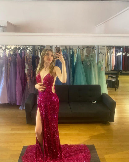 Purple Sequin Straps Mermaid Long Formal Dress