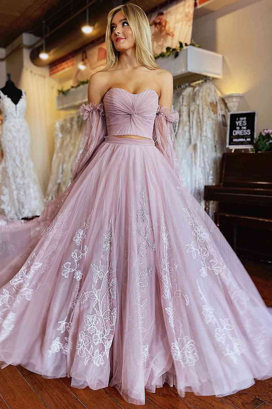 Dusty Pink Tulle Lace Long Prom Dress