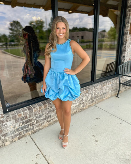 Sky Blue Beaded Homecoming Dresses With Clouds Ruffle Skirt