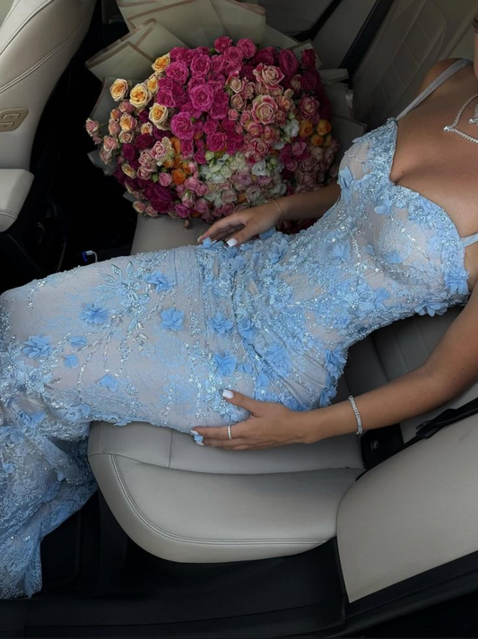 Gorgeous Mermaid Spaghetti Straps Satin Applique Long Prom Dress,Formal Dress