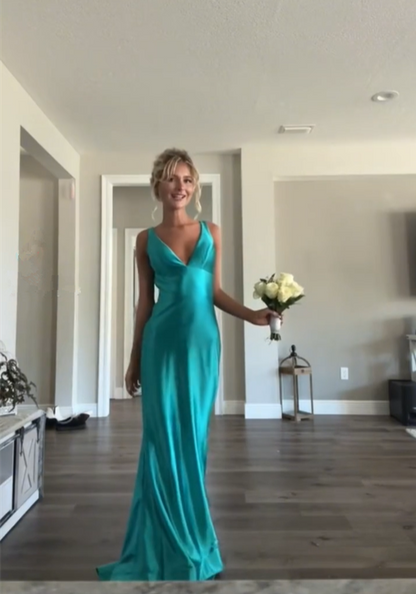 Vintage Satin V-Neck Mermaid Elegant Long Evening Dress Party Dress Prom Dress