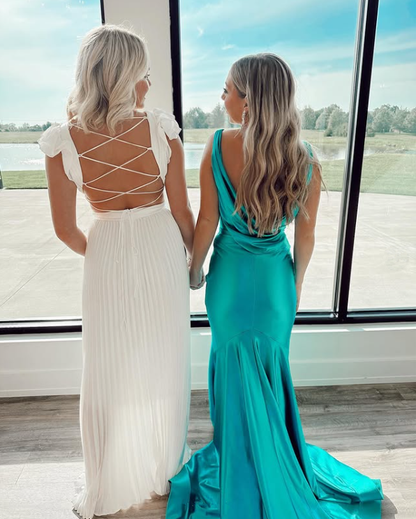 Vintage Satin V-Neck Mermaid Elegant Long Evening Dress Party Dress Prom Dress
