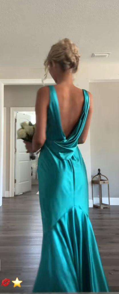 Vintage Satin V-Neck Mermaid Elegant Long Evening Dress Party Dress Prom Dress