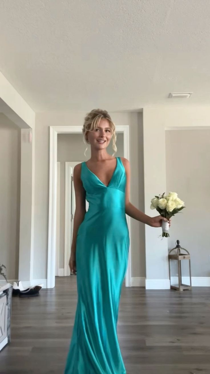 Vintage Satin V-Neck Mermaid Elegant Long Evening Dress Party Dress Prom Dress