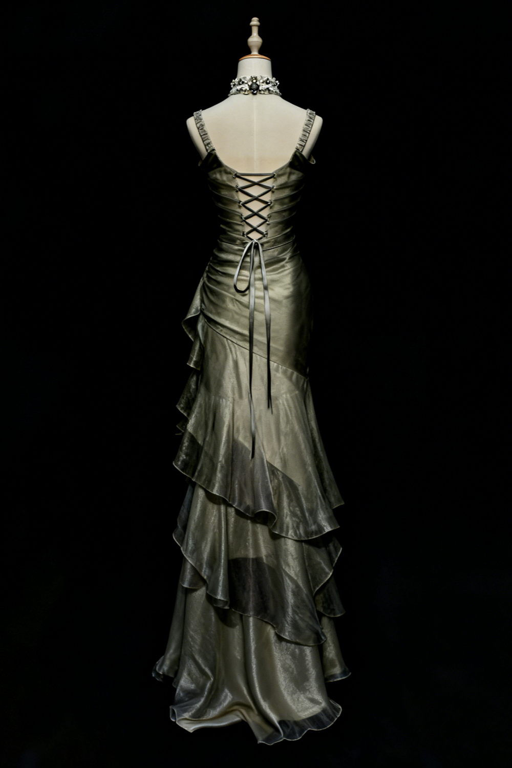 Green/Champagne Vintage Elegant Long Lace Ruffle Prom Dress Evening Dress