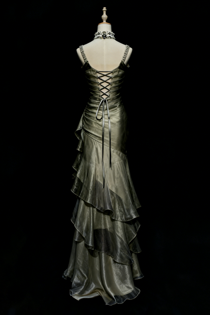 Green/Champagne Vintage Elegant Long Lace Ruffle Prom Dress Evening Dress