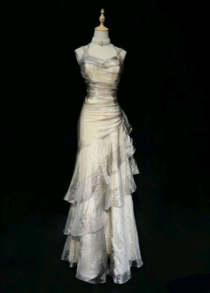 Green/Champagne Vintage Elegant Long Lace Ruffle Prom Dress Evening Dress