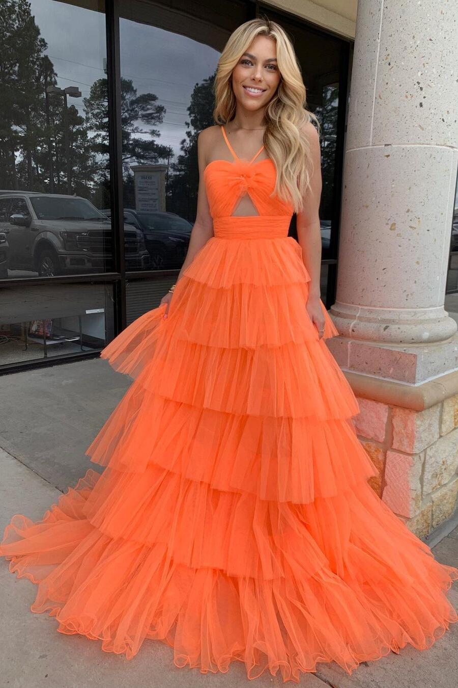Orange Halter Tulle Tiered A-line Long Party Dress
