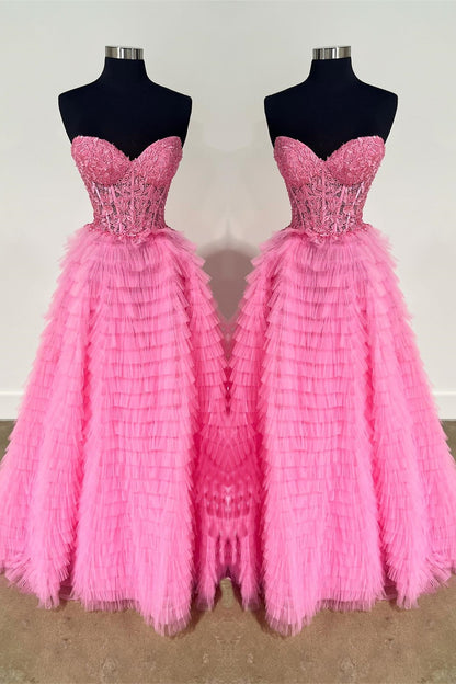 Sweetheart Lace and Tulle Tiered Ruffles Prom Dress