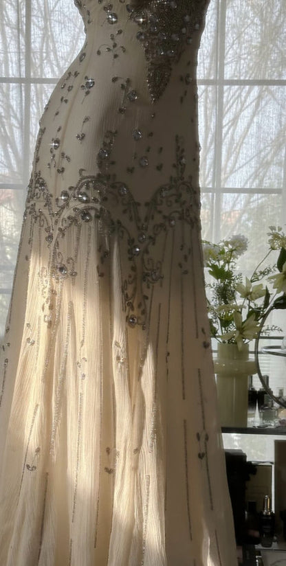 Ivory A Line Straps Beaded Chiffon Long Prom Dress Graduation Prom Dress