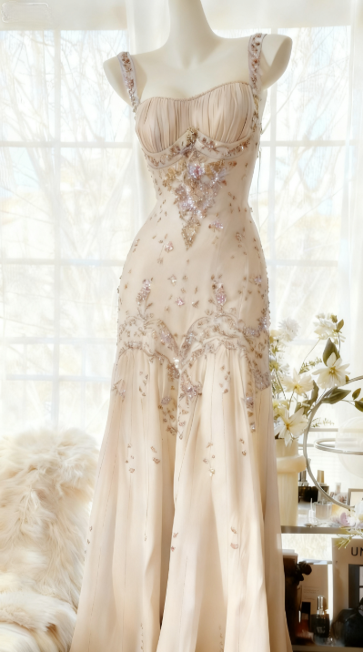Ivory A Line Straps Beaded Chiffon Long Prom Dress Graduation Prom Dress