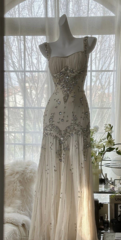 Ivory A Line Straps Beaded Chiffon Long Prom Dress Graduation Prom Dress
