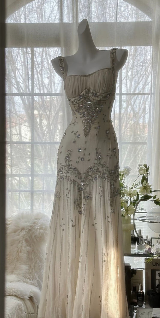 Ivory A Line Straps Beaded Chiffon Long Prom Dress Graduation Prom Dress
