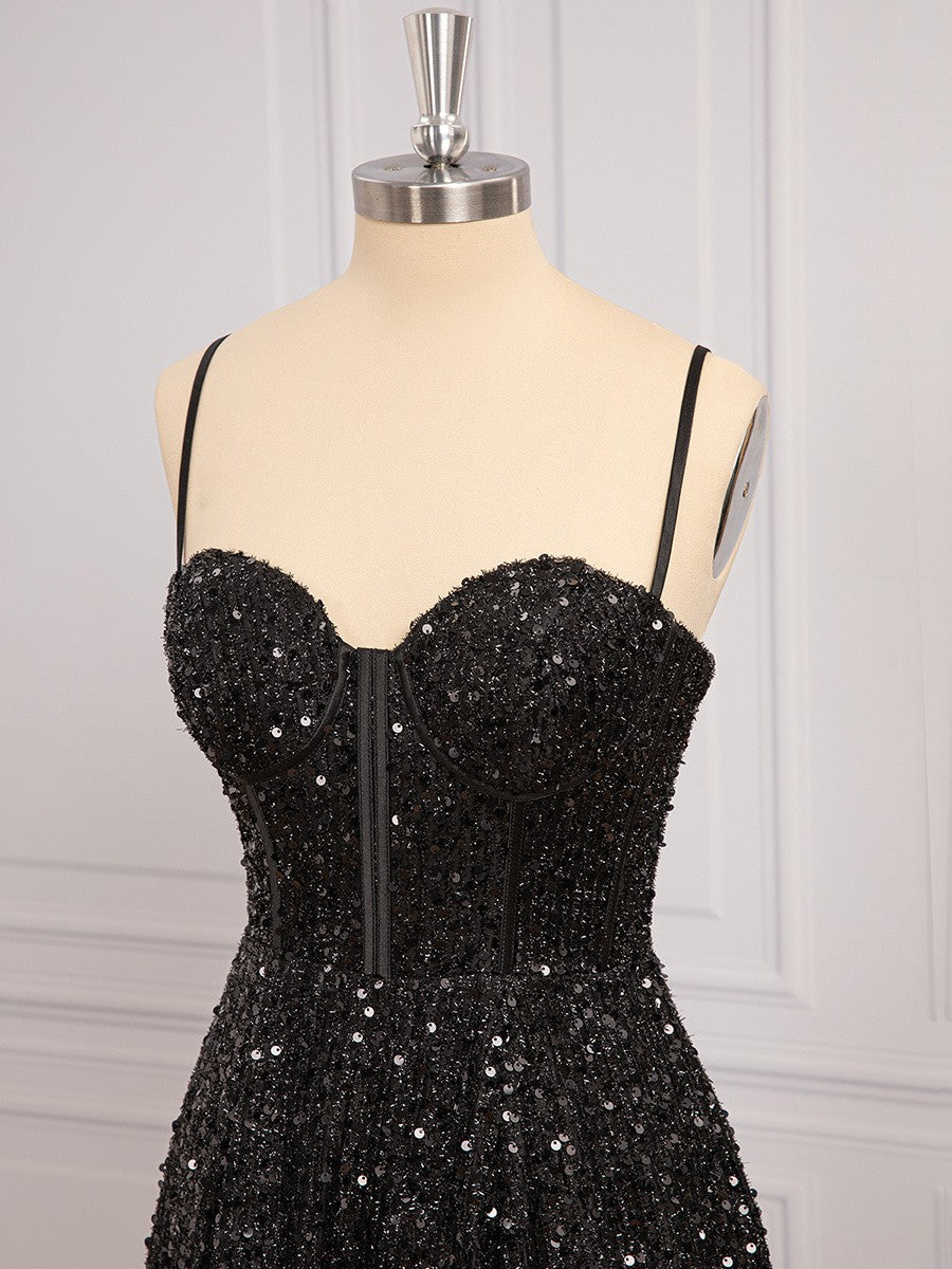 Black Sequin Corset A-line Long Prom Dress