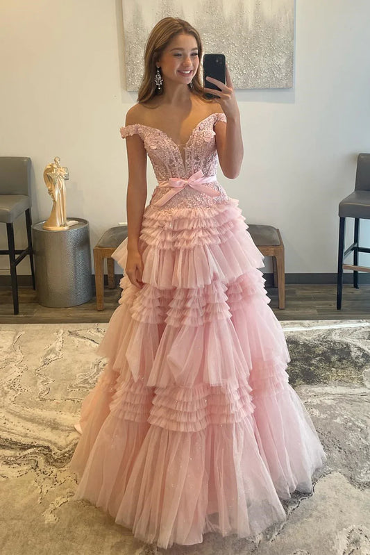 Princess Off The Shoulder Pink Layers Tulle Prom Dress Long Evening Formal Gown