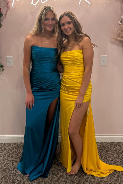 Ruched Teal Blue Satin Mermaid Prom Dress