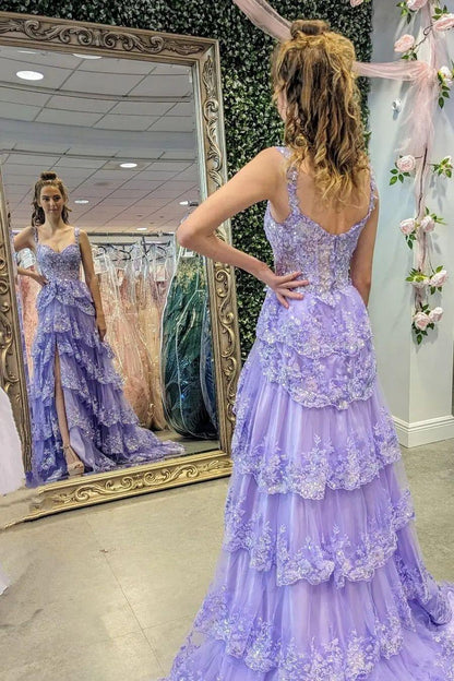 Corset Tulle Appliques Tiered Ruffle Long Prom Dress with slit