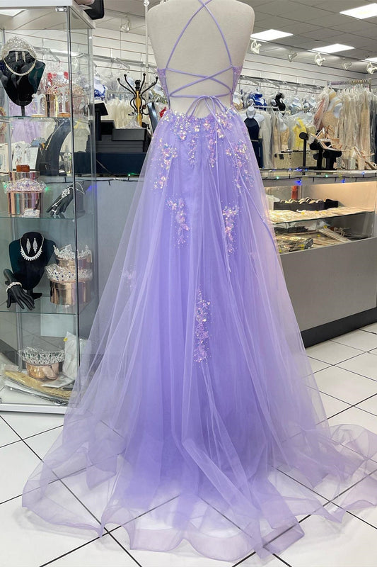 Straps Lavender Embroidery Tulle A-line Long Prom Dress