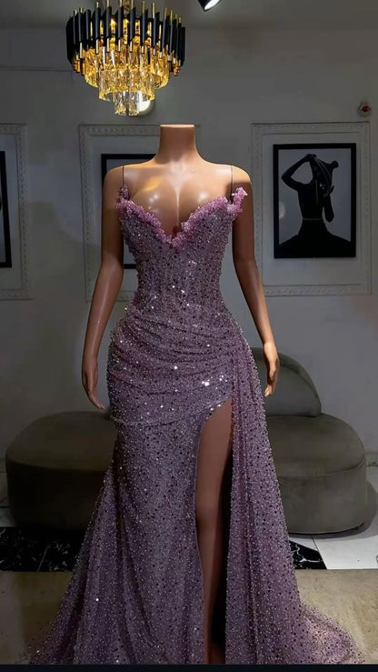 Light Purple High Split Evening Dresses, Sweetheart Mermaid Prom Dresses, Elegant Dresses For Wedding