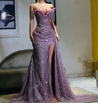 Light Purple High Split Evening Dresses, Sweetheart Mermaid Prom Dresses, Elegant Dresses For Wedding