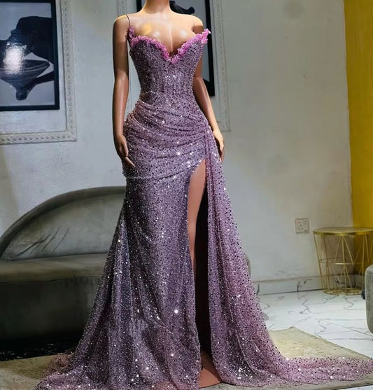 Light Purple High Split Evening Dresses, Sweetheart Mermaid Prom Dresses, Elegant Dresses For Wedding