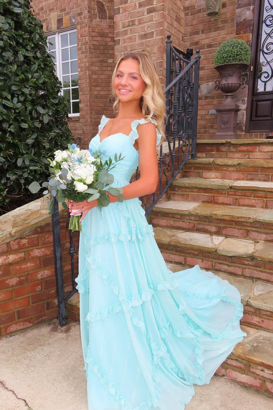 Straps Light Blue Chiffon Ruffles Long Dress