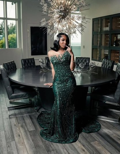 Luxury One Shoulder Satin Beaded Evening Dress Emerald Green Mermaid Prom Dress