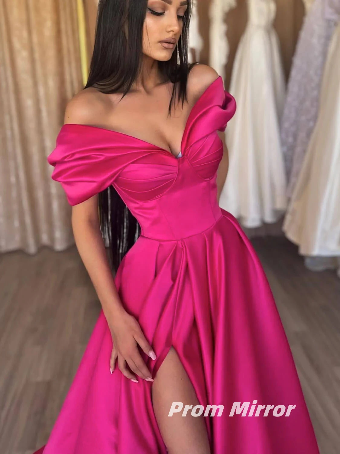 Fuchsia Off The Shoulder Satin Long Party Prom Dress