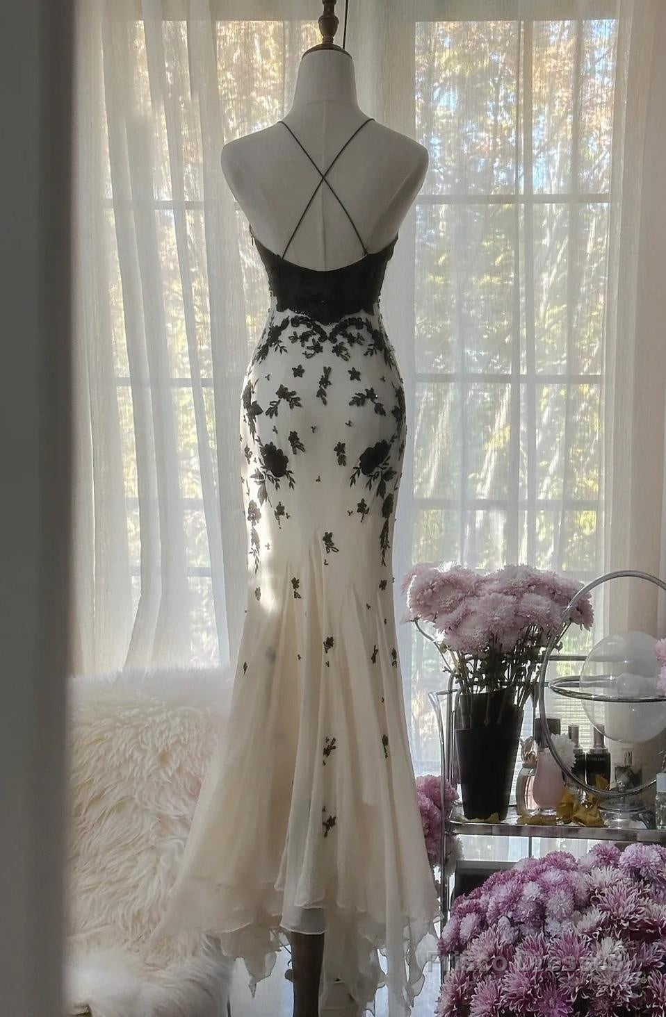 Mermaid Spaghetti Strap Chiffon Applique Long Prom Dress Temperament Birthday Dress