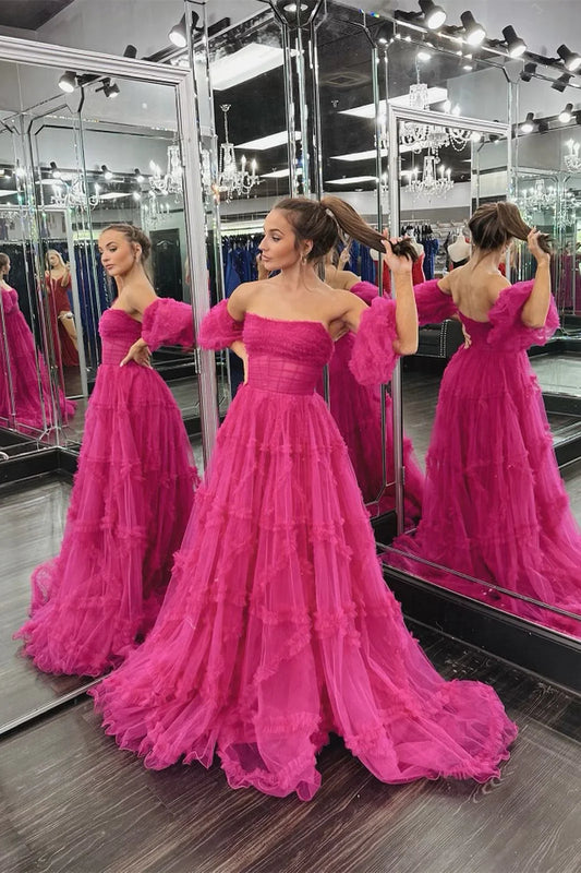 Princess Fuchsia A-Line Tulle Evening Prom Dress