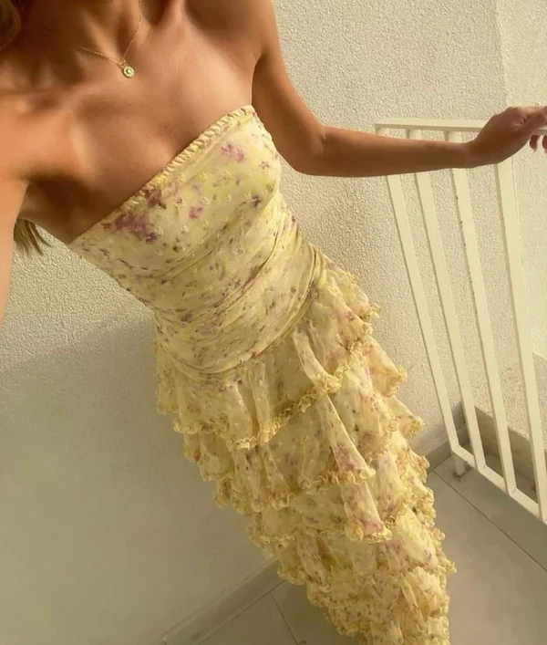 Modest Sheath Strapless Yellow Chiffon Floral Long Prom Dresses Party Dress 22Th Birthday Outfits Graduation Dress
