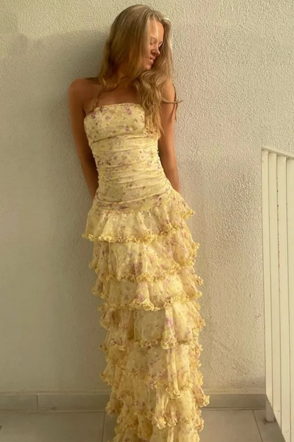 Modest Sheath Strapless Yellow Chiffon Floral Long Prom Dresses Party Dress 22Th Birthday Outfits Graduation Dress