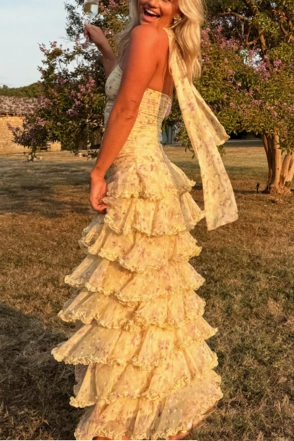 Modest Sheath Strapless Yellow Chiffon Floral Long Prom Dresses Party Dress 22Th Birthday Outfits Graduation Dress