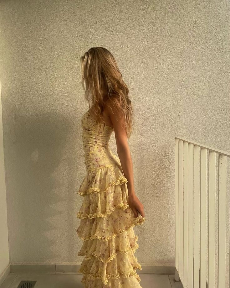 Modest Sheath Strapless Yellow Chiffon Floral Long Prom Dresses Party Dress 22Th Birthday Outfits Graduation Dress