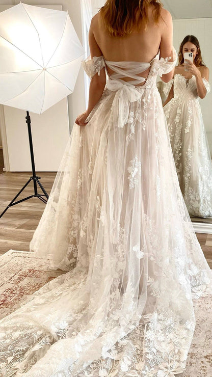 Illusion White Criss Cross Back Lace Wedding Dresses