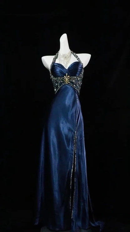Navy Blue Halter Beaded Prom Dress Long Evening Dress