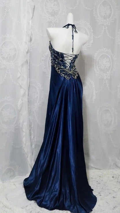 Navy Blue Halter Beaded Prom Dress Long Evening Dress
