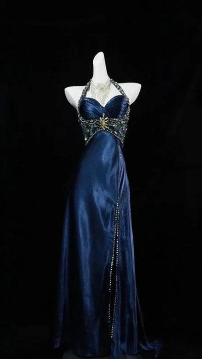 Navy Blue Halter Beaded Prom Dress Long Evening Dress