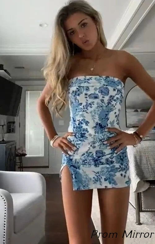 Cute Bodycon Strapless Floral Print Homecoming Dress with Split